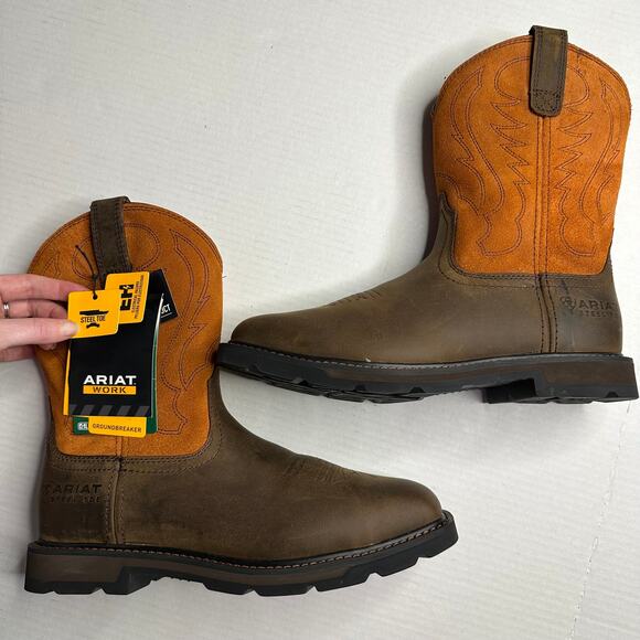 NWT Ariat Groundbreaker Men’s 8.5 EE Wide Square Toe Steel Toe Work Boots Brown - Picture 6 of 9